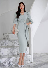Metal Buckle Sash Detail Lantern Sleeves Dress